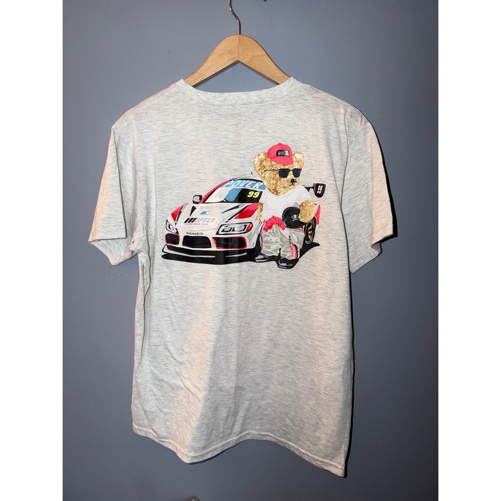 Indent Mens Racing Bear Graphic T-Shirt‎ Heather Gray Fast Wheels Car Tee Large